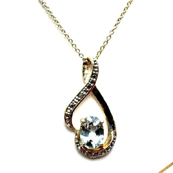 White Diamond Blue Topaz Gold Plated Sterling Silver Pendant 18 Inch Necklace - Picture 2 of 5